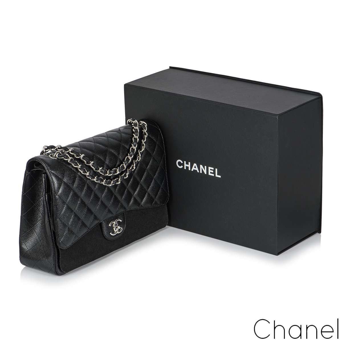 Pre-owned Chanel Maxi Classic Single Flap Bag Black Caviar Silver